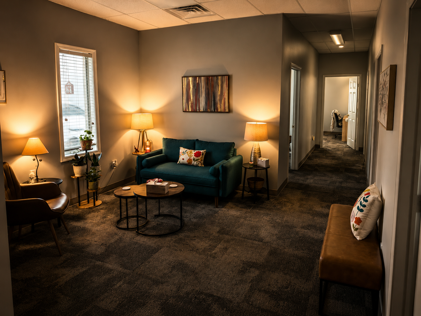 Comfortable counseling room with seating and natural light